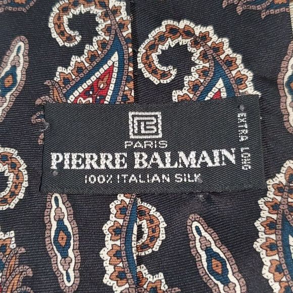 Pierre Balmain Mens Vintage Neck Tie Black Paisley Silk Extra Long Made In Italy - Picture 3 of 5